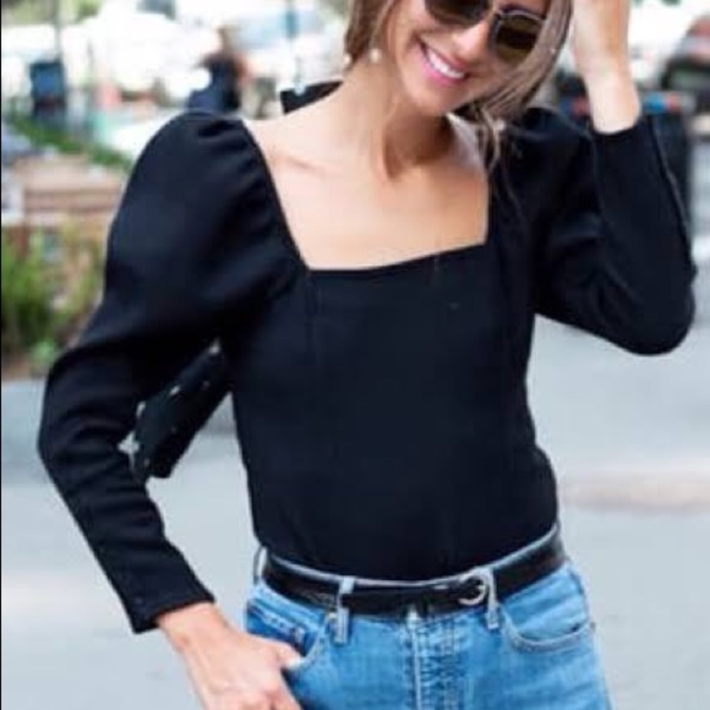 Cute Something Navy Square Neck Top puffy sleeves, small amount of stretch